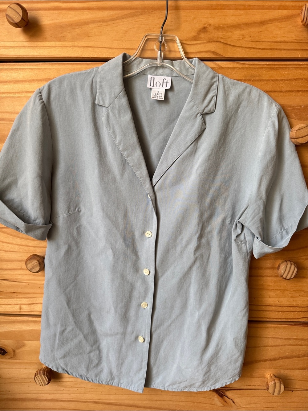Vintage Ann Taylor Loft Pale Blue Short Sleeve Silk Button Down Shirt / Blouse